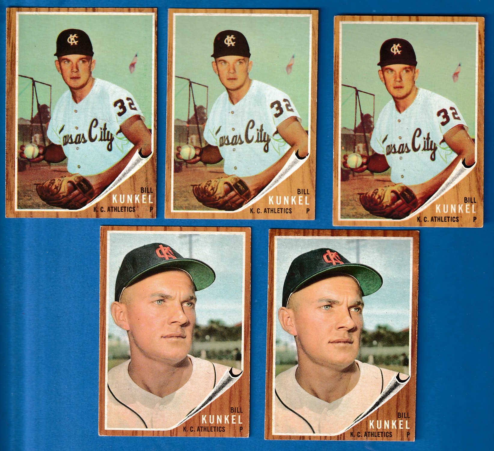 1962 Topps #147B Bill Kunkel [VAR:With Ball/Green Tint] (K.C. A's) Baseball cards value