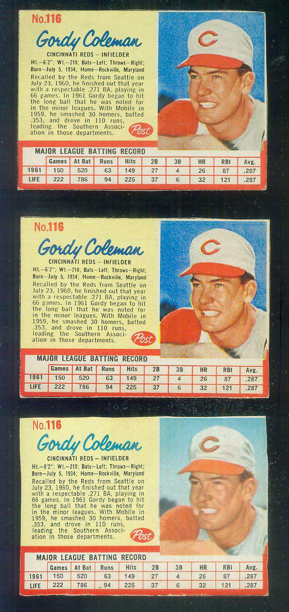 1962 Post #116 Gordy Coleman RARE SHORT PRINT [#a-top] (Reds) Baseball cards value