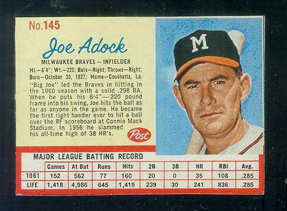 1962 Post #145A Joe Adock [VAR:ERROR should be Adcock] (Braves) Baseball cards value