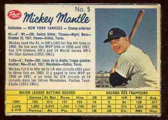 1962 Post Canadian #  5B MICKEY MANTLE [VAR:163 Hits/4th time in] Baseball cards value