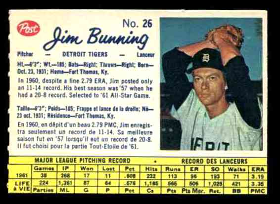1962 Post Canadian # 26 Jim Bunning (Company) (Tigers) Baseball cards value
