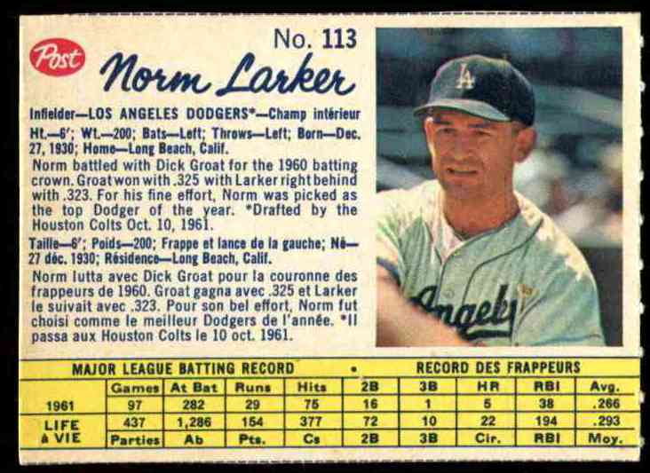 1962 Post Canadian #113 Norm Larker (Dodgers) Baseball cards value