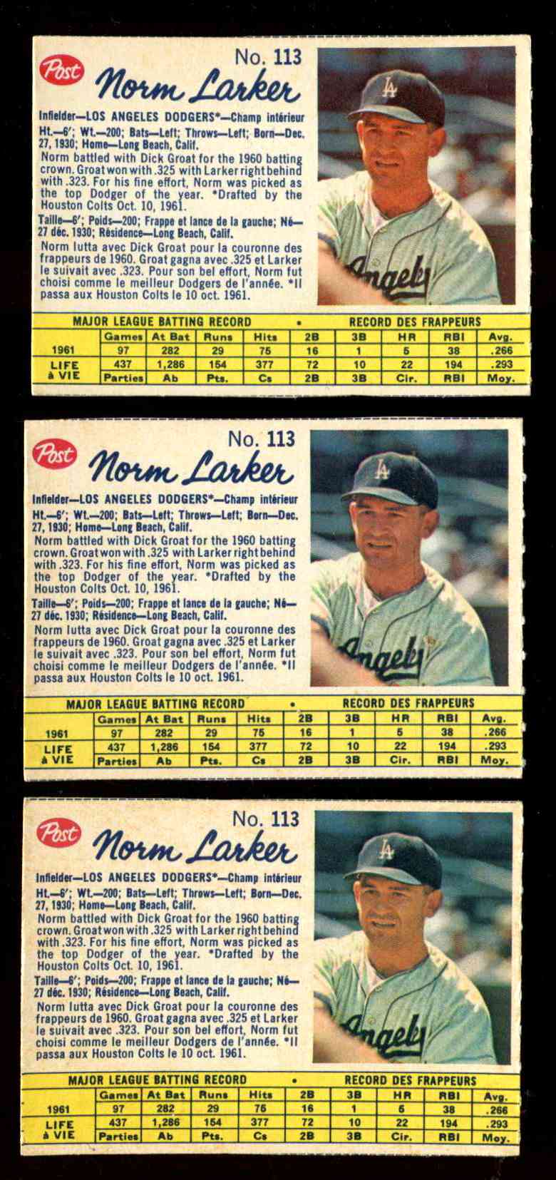 1962 Post Canadian #113 Norm Larker (Dodgers) Baseball cards value