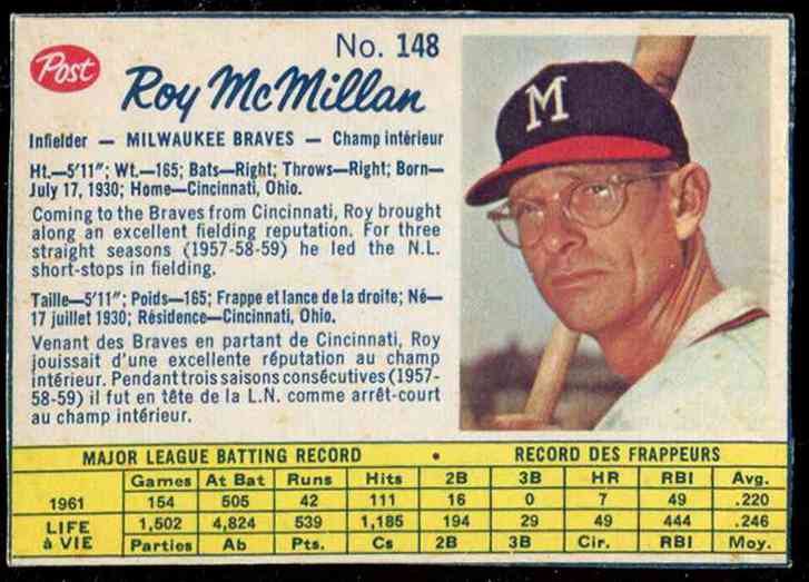 1962 Post Canadian #148 Roy McMillan (Braves) Baseball cards value