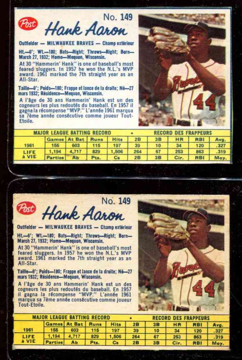 1962 Post Canadian #149A Hank Aaron [VAR:Tout-Etoile/COM] (Braves) Baseball cards value