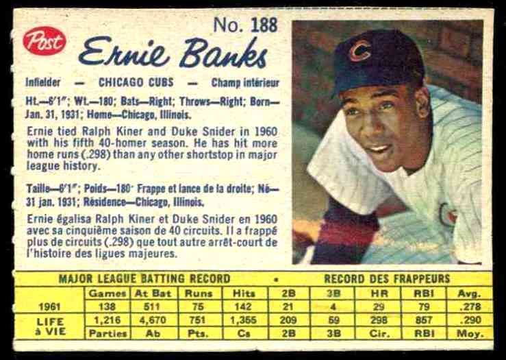 1962 Post Canadian #188 Ernie Banks (Cubs) Baseball cards value