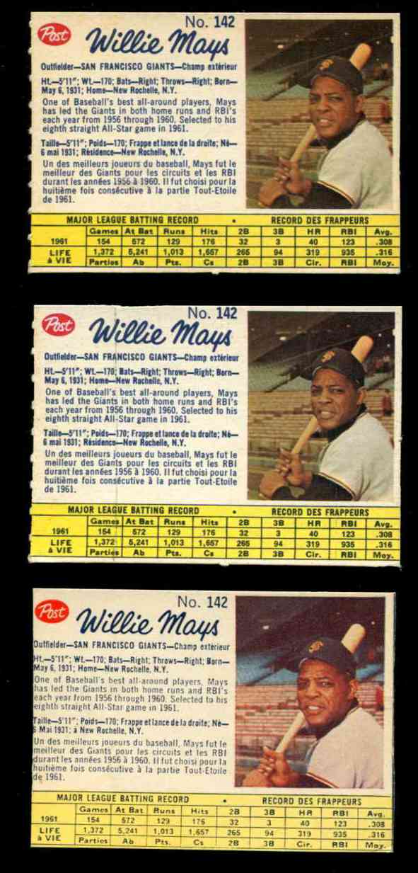 1962 Post Canadian #142A Willie Mays [BOX VAR:Big Head] (Giants) Baseball cards value