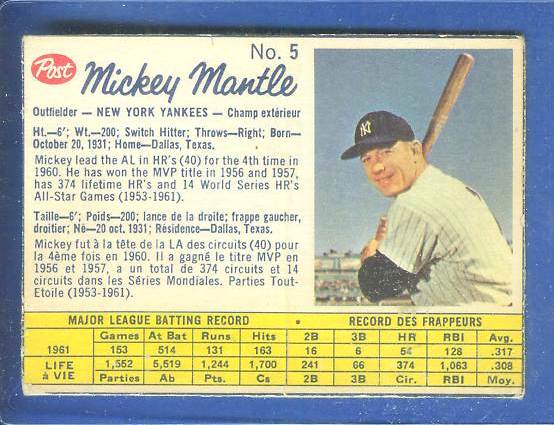 1962 Post Canadian #  5C MICKEY MANTLE [BOX] (Yankees) Baseball cards value