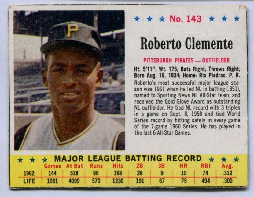 1963.Jello #143 Roberto Clemente [#r] (Pirates) Baseball cards value