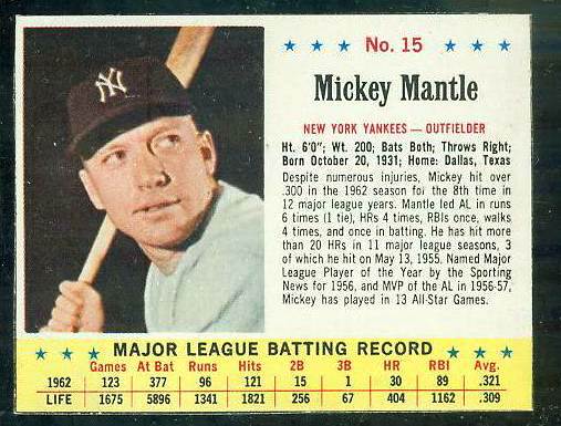 1963.Jello # 15 MICKEY MANTLE (Yankees) Baseball cards value