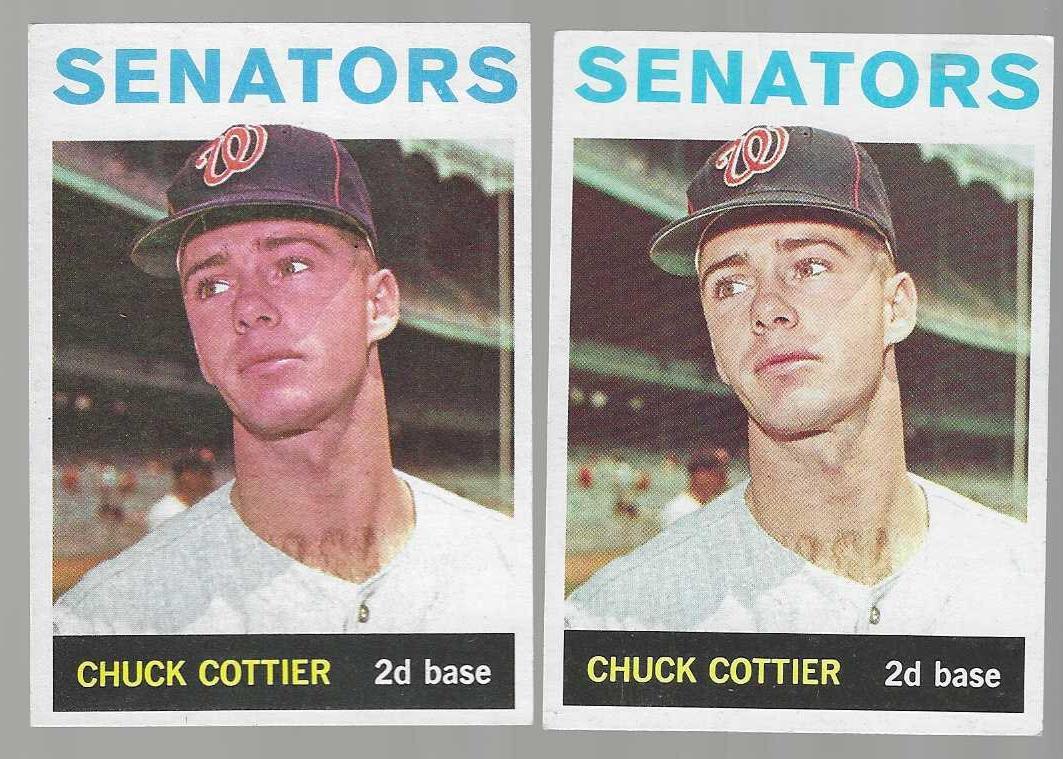 1964 Topps #397 Chuck Cottier [VAR:Sunburned skin] + regular [#] (Senators) Baseball cards value