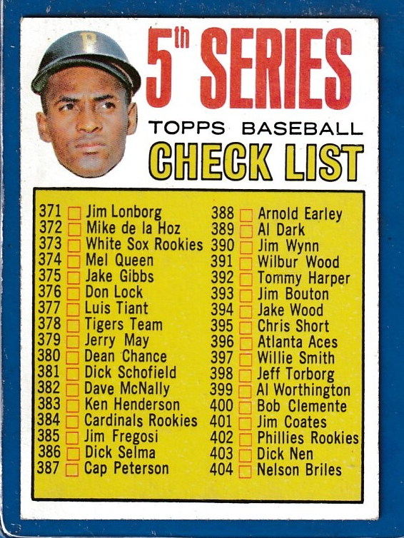 1967 Topps #361 5th Series Checklist (Roberto Clemente) (Pirates) Baseball cards value