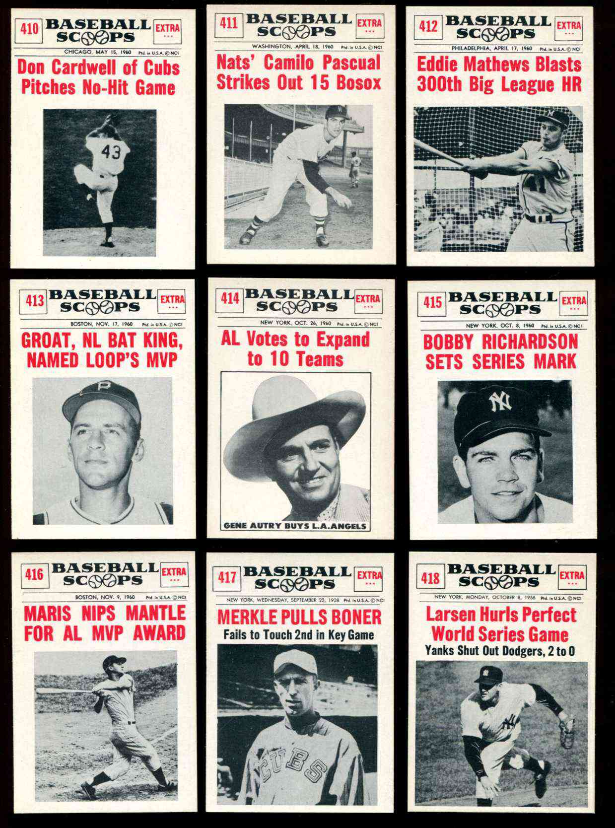 1961 Nu-Card Scoops #414 Gene Autry OWNER 'AL Votes to Expand to 10 Teams' Baseball cards value