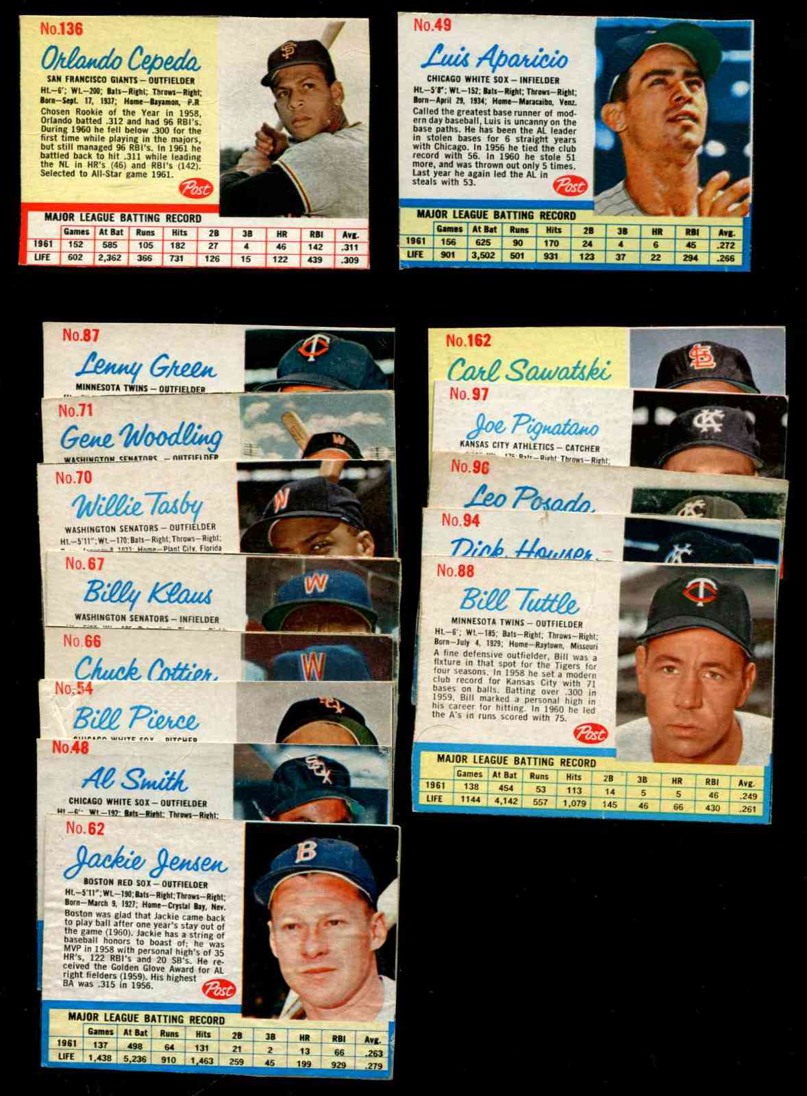  1962 Post  - Lot of (15) diff. with Aparicio,Cepeda,Jackie Jensen ... Baseball cards value