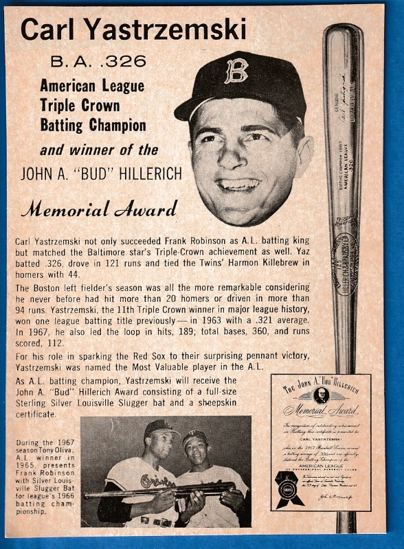 1968 Hillerich Award - Carl Yastrzemski [Advertising Card] (Red Sox) Baseball cards value