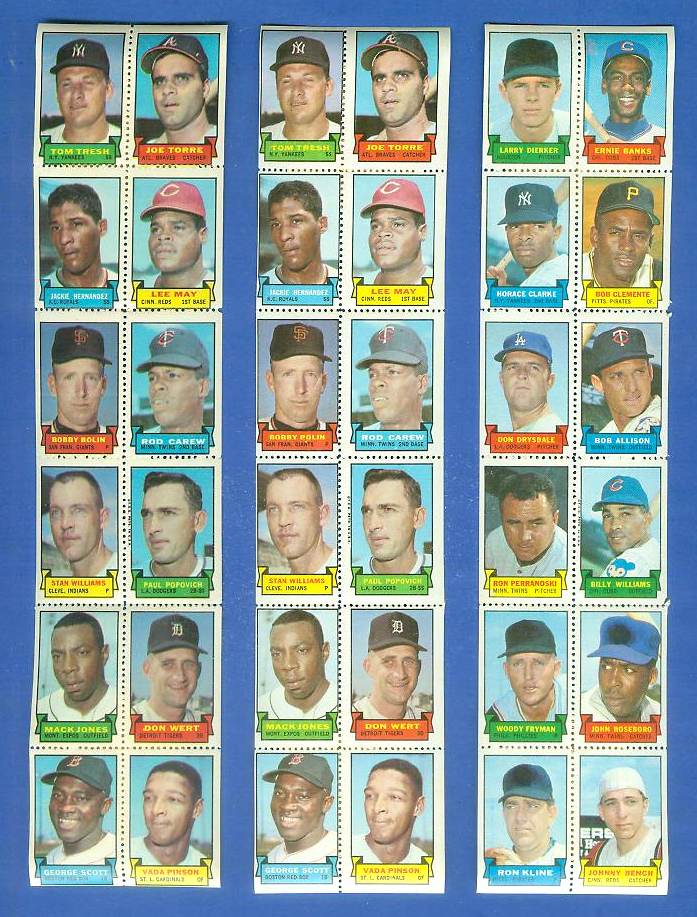 1969 Topps STAMP STRIP/PANEL [v]- Tom Tresh,ROD CAREW,Joe Torre Baseball cards value