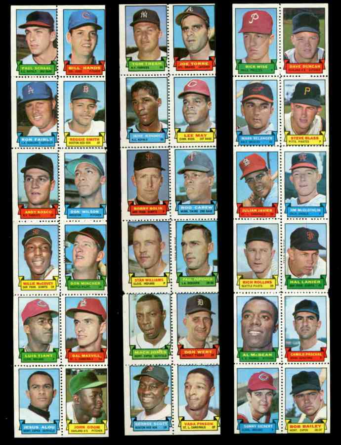 1969 Topps STAMP STRIP [v]- Rick Wise, Julian Javier, Camilo Pascual Baseball cards value