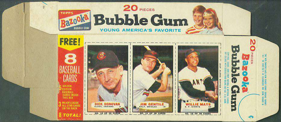 1963 Bazooka COMPLETE BOX #10-12 WILLIE MAYS/Jim Gentile/Dick Donovan Baseball cards value