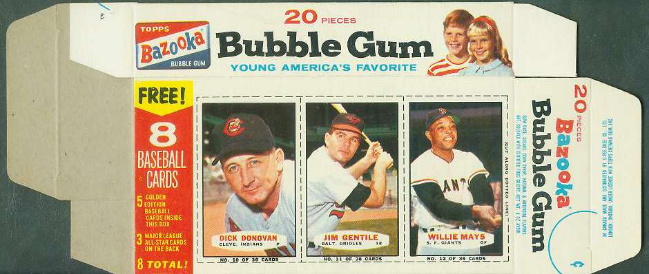 1963 Bazooka COMPLETE BOX #10-12 WILLIE MAYS/Jim Gentile/Dick Donovan Baseball cards value