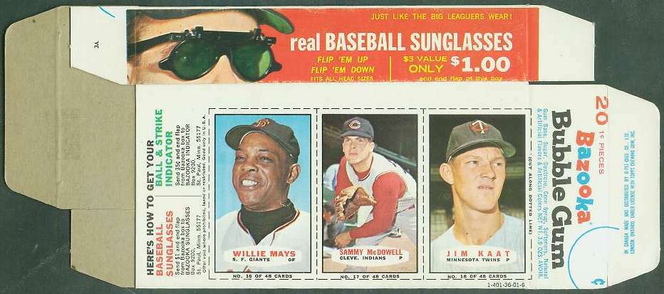 1967 Bazooka COMPLETE BOX #16-18 WILLIE MAYS/Sam McDowell/Jim Kaat Baseball cards value