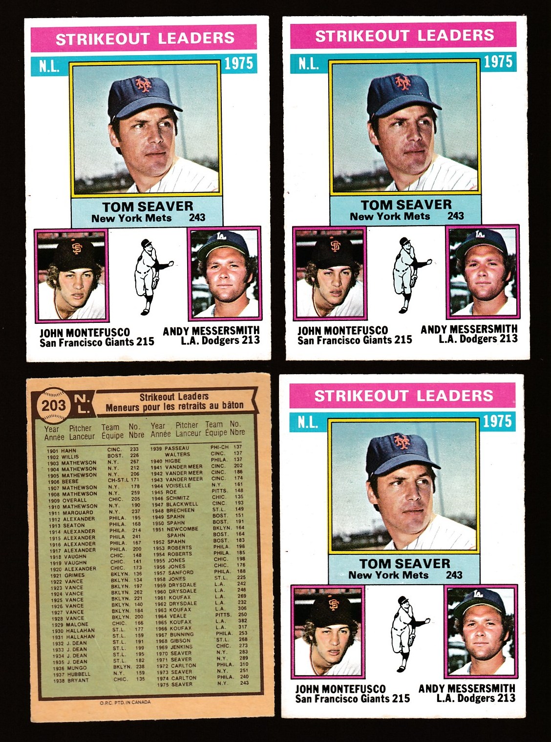 1976 O-Pee-Chee/OPC #203 NL Strikeout Leaders (with Tom Seaver) Baseball cards value
