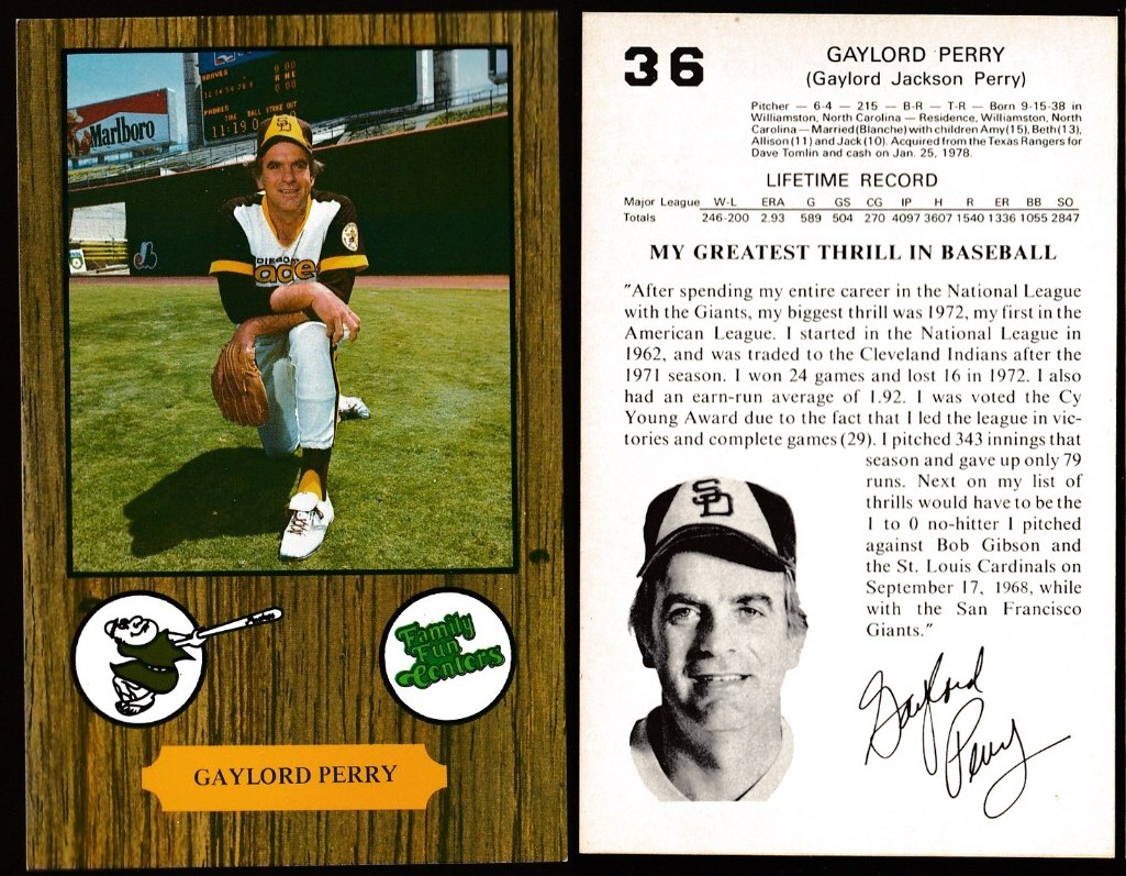 1978 Family Fun Centers PADRES - Gaylord Perry Baseball cards value