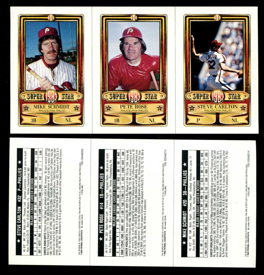 1983 Perma-Graphic 3-card PROOF SHEET - w/Pete Rose,Mike Schmidt... Baseball cards value