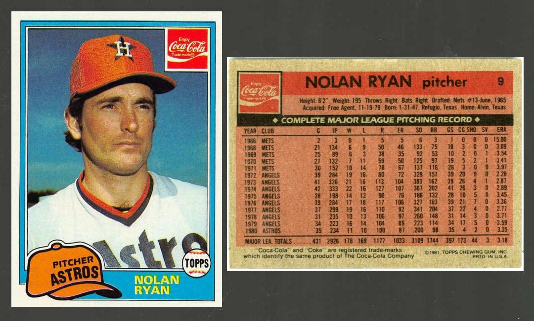 1981 Topps #240 Nolan Ryan Coca-Cola #6 (Astros) Baseball cards value