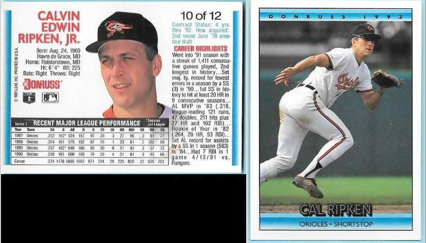 Cal Ripken -  1992 Donruss PREVIEWS #10 PROMO/SAMPLE Baseball cards value