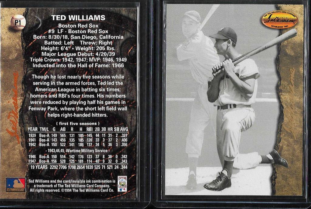 Ted Williams - 1994 Ted Williams Co. PROMO #P1 - Lot of (10) (Red Sox) Baseball cards value