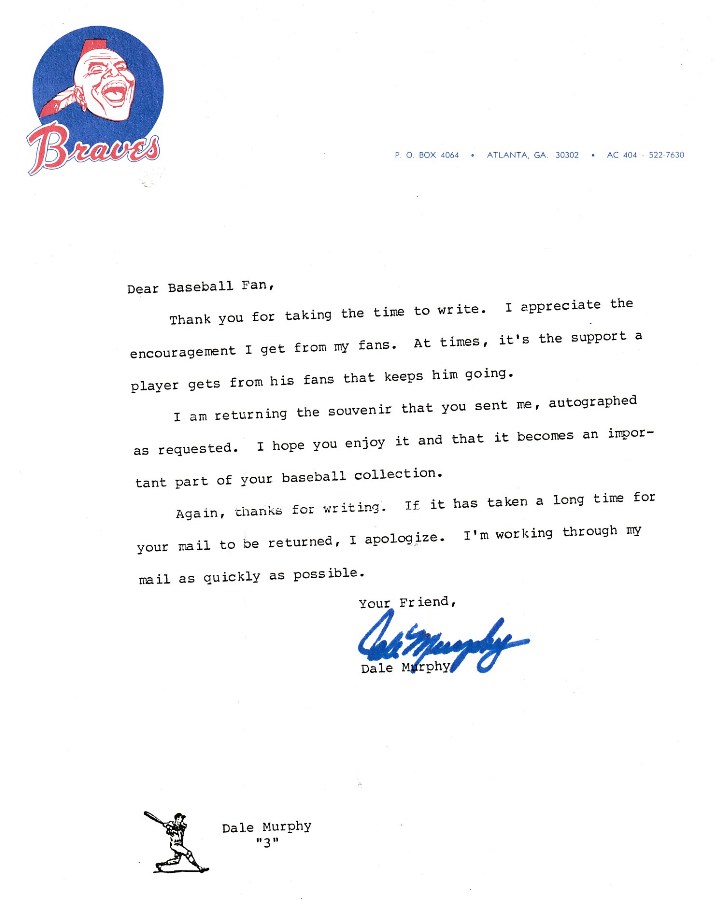  Dale Murphy - AWESOME Autographed/Signed Vintage letter to a collector Baseball cards value