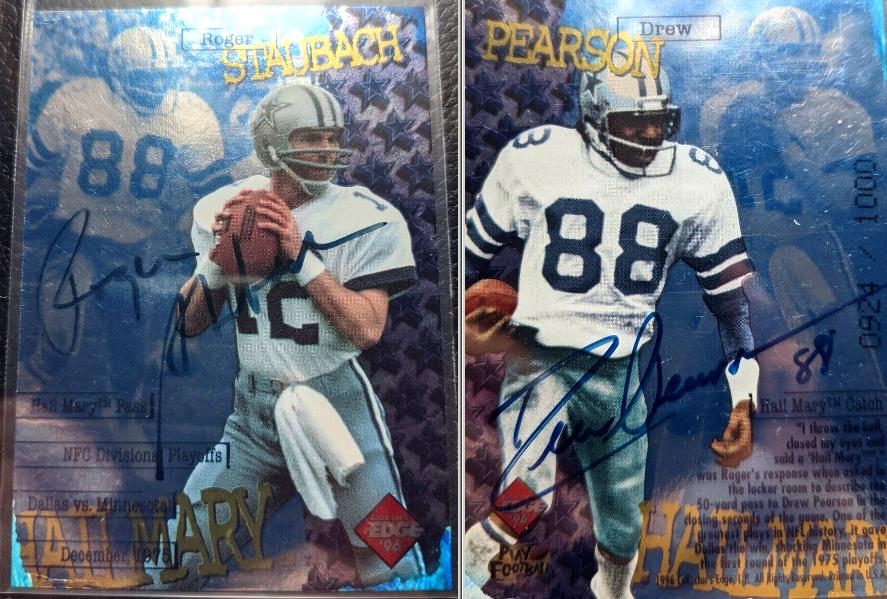  Roger Staubach - 1996 Edge 'Hail Mary Pass/Catch' DUAL-AUTOGRAPED(Cowboys) Baseball cards value