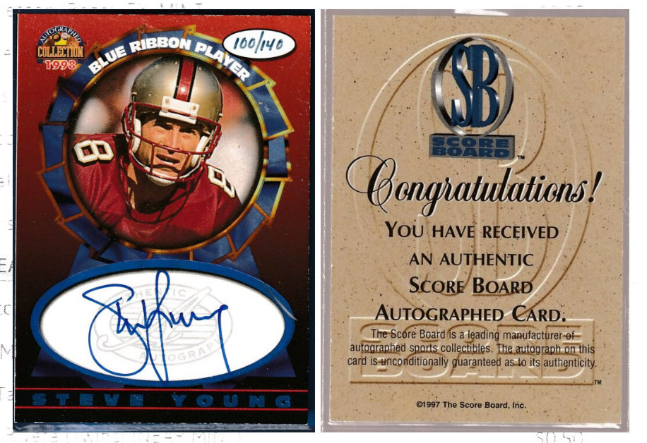  Steve Young - 1997 Score Board Blue Ribbon Player AUTOGRAPH (49ers) Baseball cards value