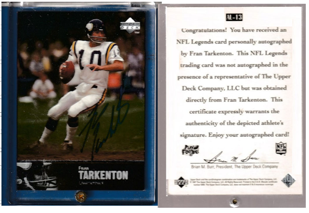  Fran Tarkenton - 1997 Upper Deck NFL LEGENDS AUTOGRAPH (Vikings) Baseball cards value