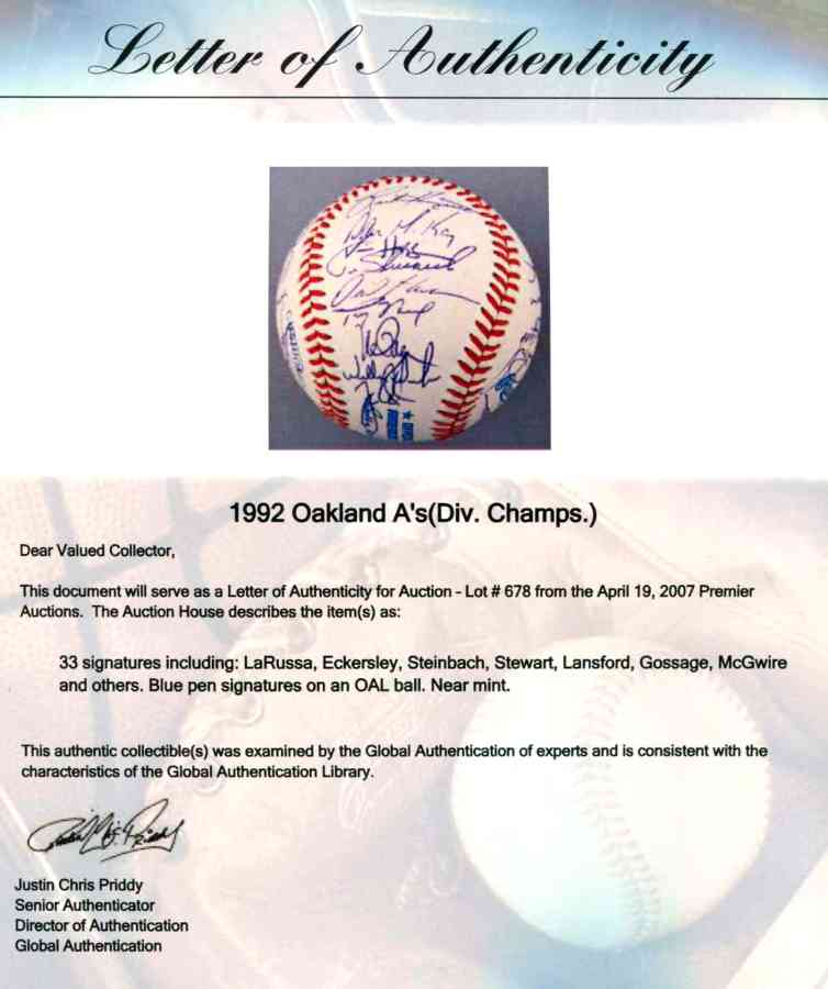 1992 A's Division Champs - Team Signed/AUTOGRAPHED baseball [#ed28] w/33 Baseball cards value