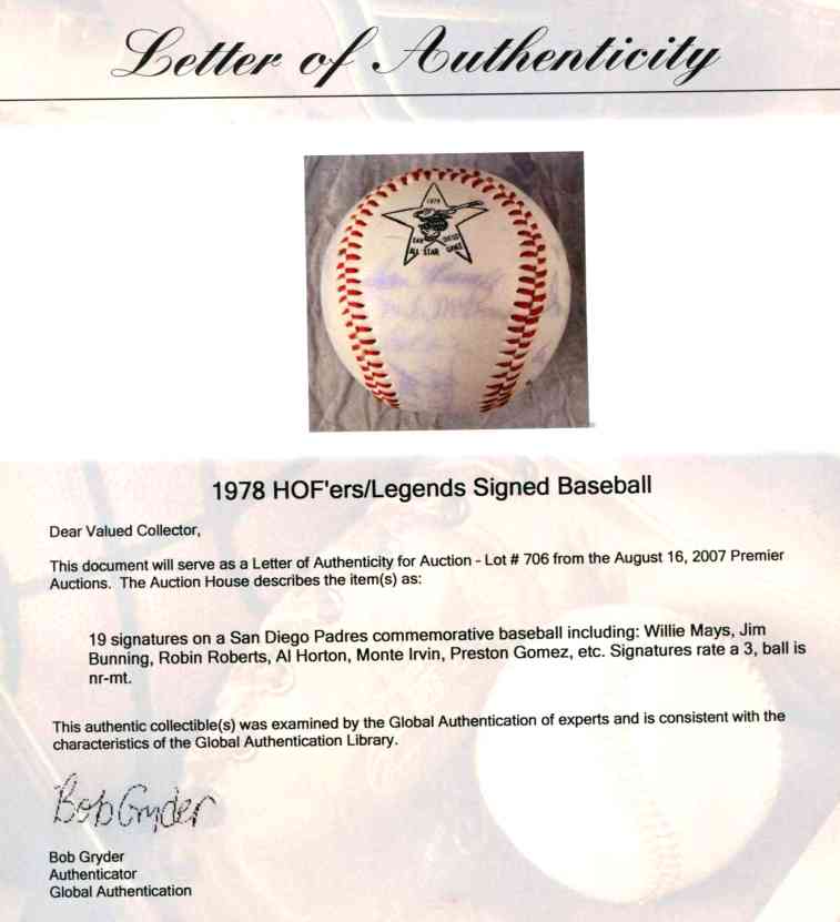  1978 HOFers/Legends  - Multi-Signed/AUTOGRAPHED baseball [#ed27] w/19 Baseball cards value