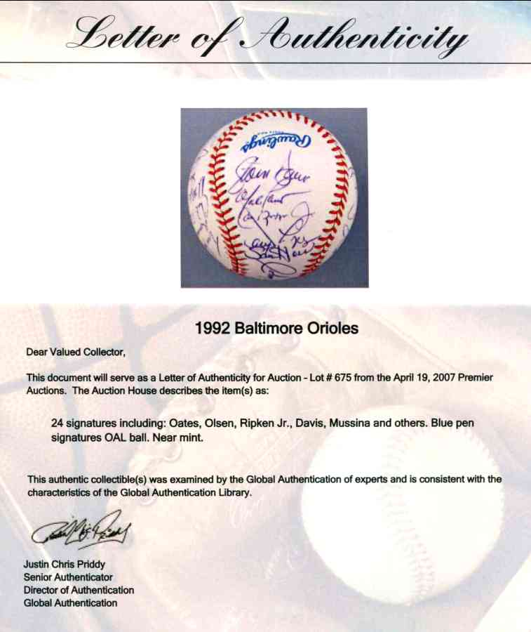 1992 Orioles - Team Signed/AUTOGRAPHED baseball [#ed20] w/CAL RIPKEN JR! Baseball cards value