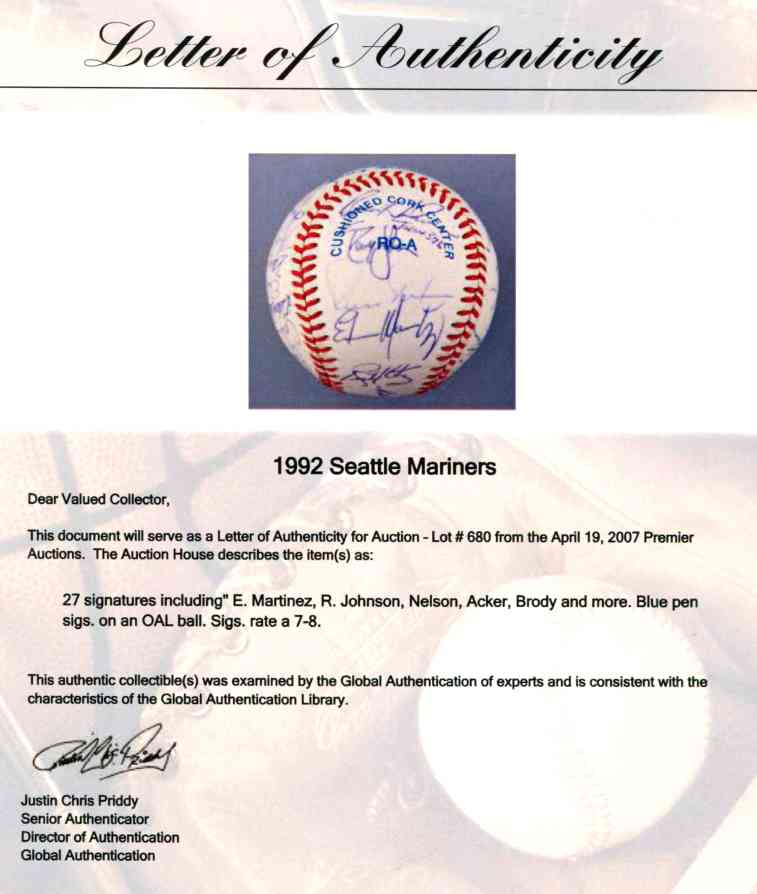  1992 Mariners - Team Signed/AUTOGRAPHED baseball [#ed21] w/Randy Johnson Baseball cards value