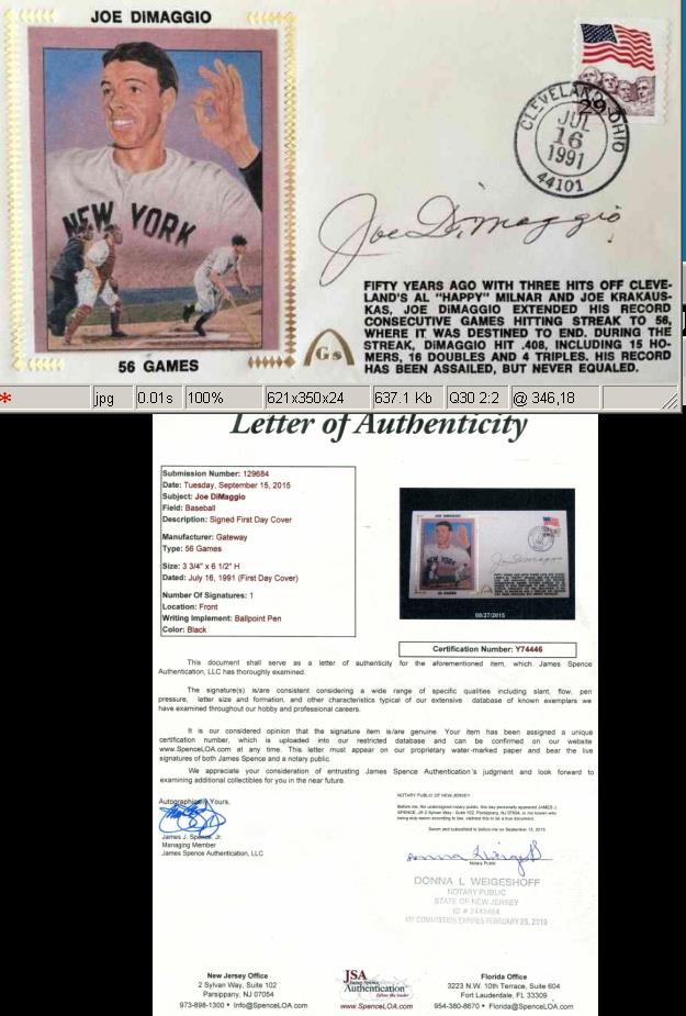 JOE DiMAGGIO - 1991 AUTOGRAPHED Gateway Cachet 56 Games w/JAMES SPENCE LOA Baseball cards value
