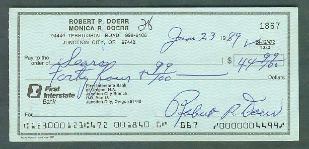  Bobby Doerr - Autographed official 1989 Bank Check (Red Sox) (deceased) Baseball cards value