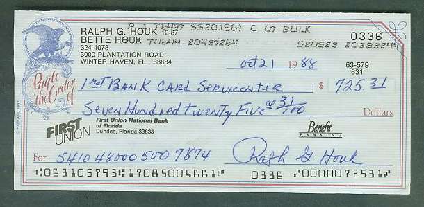  Ralph Houk - Autographed official Bank Check (deceased) (from 1988-89) Baseball cards value