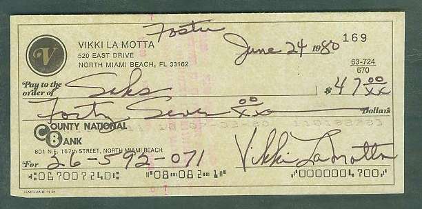  Vikki La Motta - Autographed official Bank Check (from 1980-82) Baseball cards value