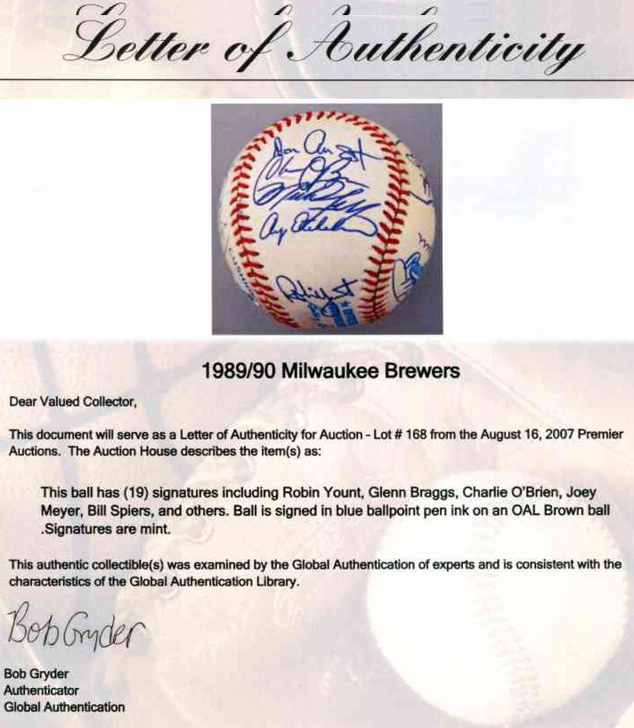   1989/90 Brewers-Team Signed/AUTOGRAPHED baseball [#ed25] w/19 Signatures Baseball cards value