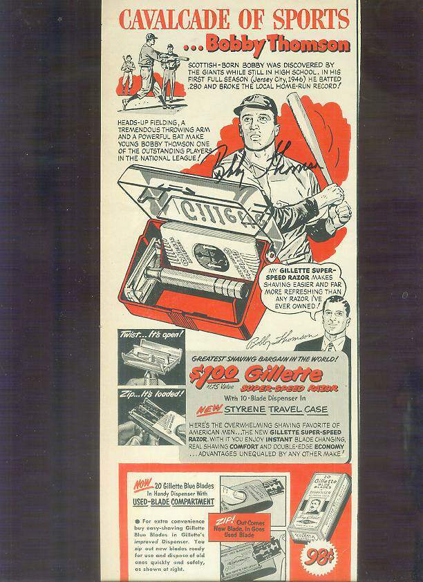  1950's Gillette - Bobby Thomson - AUTOGRAPHED Cavalcade Sports Ad (Giants) Baseball cards value