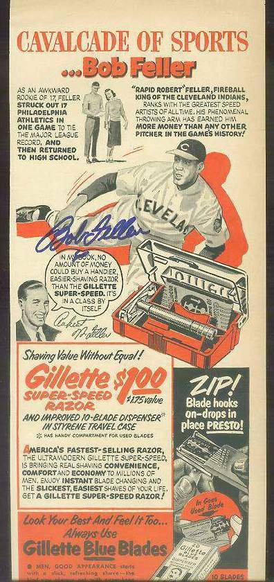 1950's Gillette - Bob Feller - AUTOGRAPHED Cavalcade of Sports Ad (Indians Baseball cards value