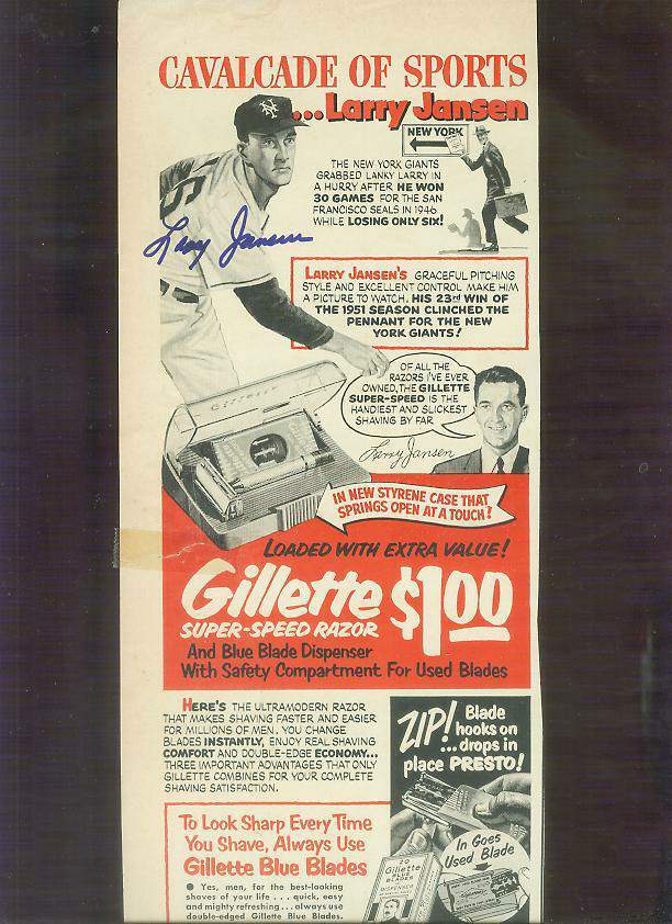  1950's Gillette - Larry Jansen - AUTOGRAPHED Cavalcade Sports Ad (Giants) Baseball cards value