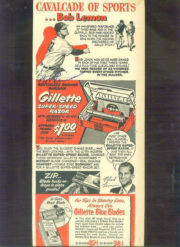  1950's Gillette - Bob Lemon - AUTOGRAPHED Cavalcade of Sports Ad (Indians) Baseball cards value