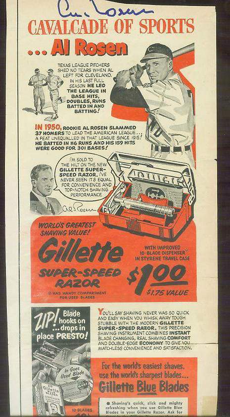  1950's Gillette - Al Rosen - AUTOGRAPHED Cavalcade of Sports Ad (Indians) Baseball cards value