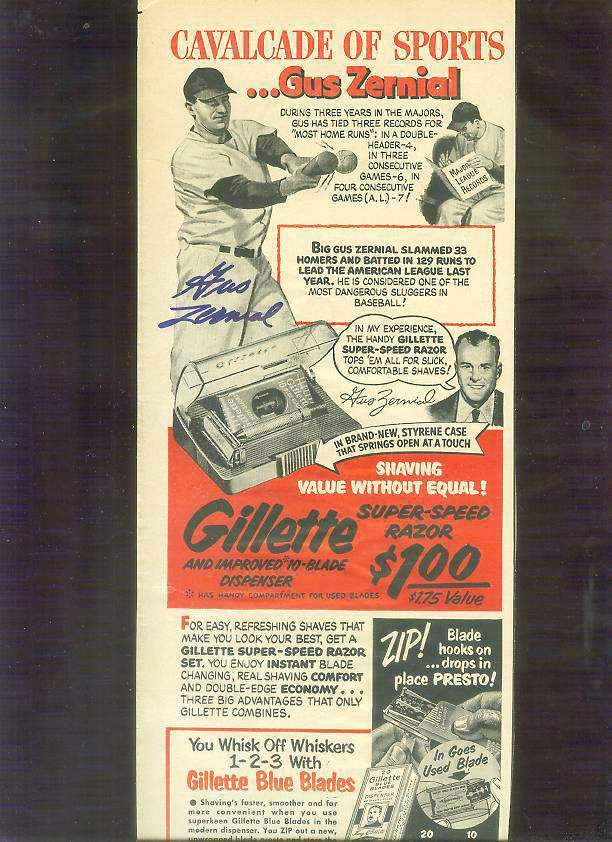  1950's Gillette - Gus Zernial - AUTOGRAPHED Cavalcade of Sports Ad Baseball cards value