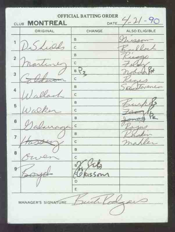  Expos - Authentic 1990 (04/21) LINEUP CARD - Autographed Mgr. BUCK RODGERS Baseball cards value